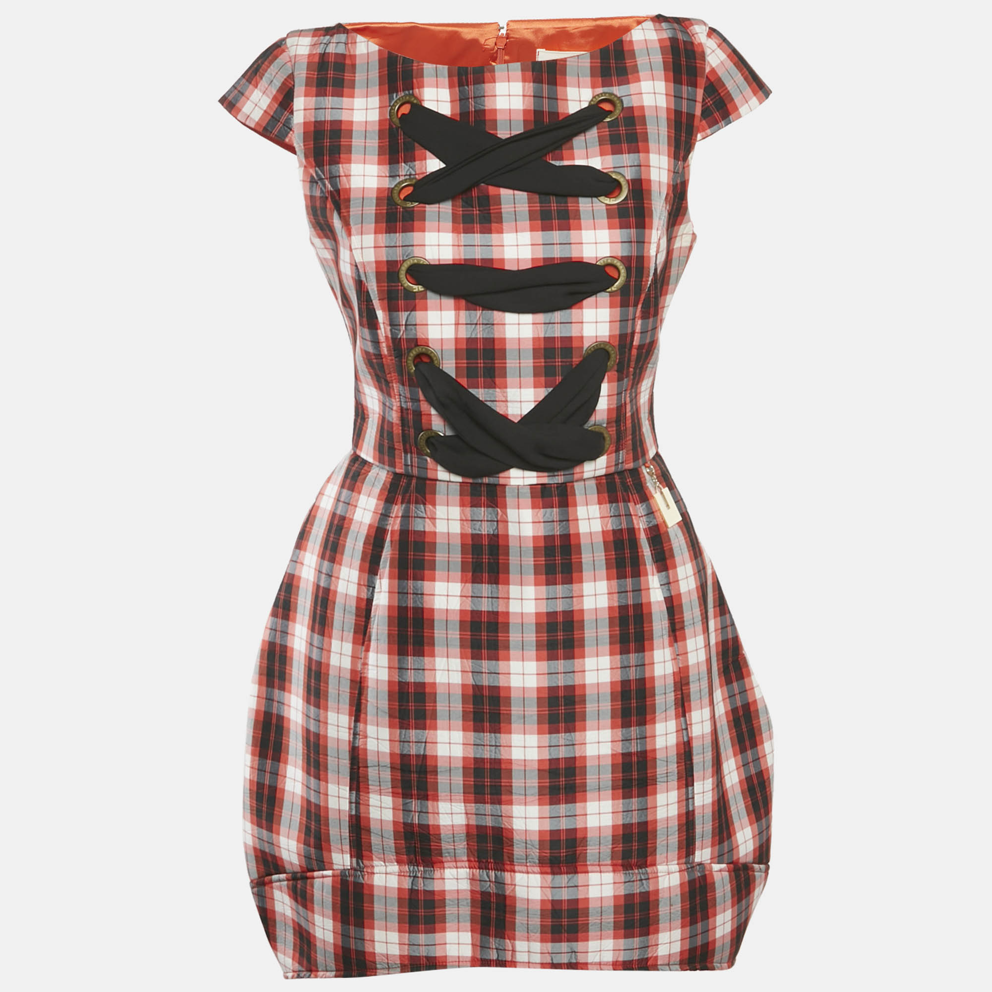 Elisabetta Franchi Jeans Red Checks Neoprene Lace-Up Mini Dress M, Dresses - Luxury Closet catalog