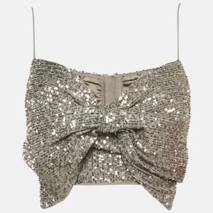 Elisabetta Franchi Silver Sequin Mesh Bow Detail Crop Top M, Shirts & Tops - Luxury Closet catalog