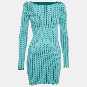 Elisabetta Franchi Blue Patterned Stretch Knit Scallop Hem Bodycon Dress S, Dresses - Luxury Closet catalog