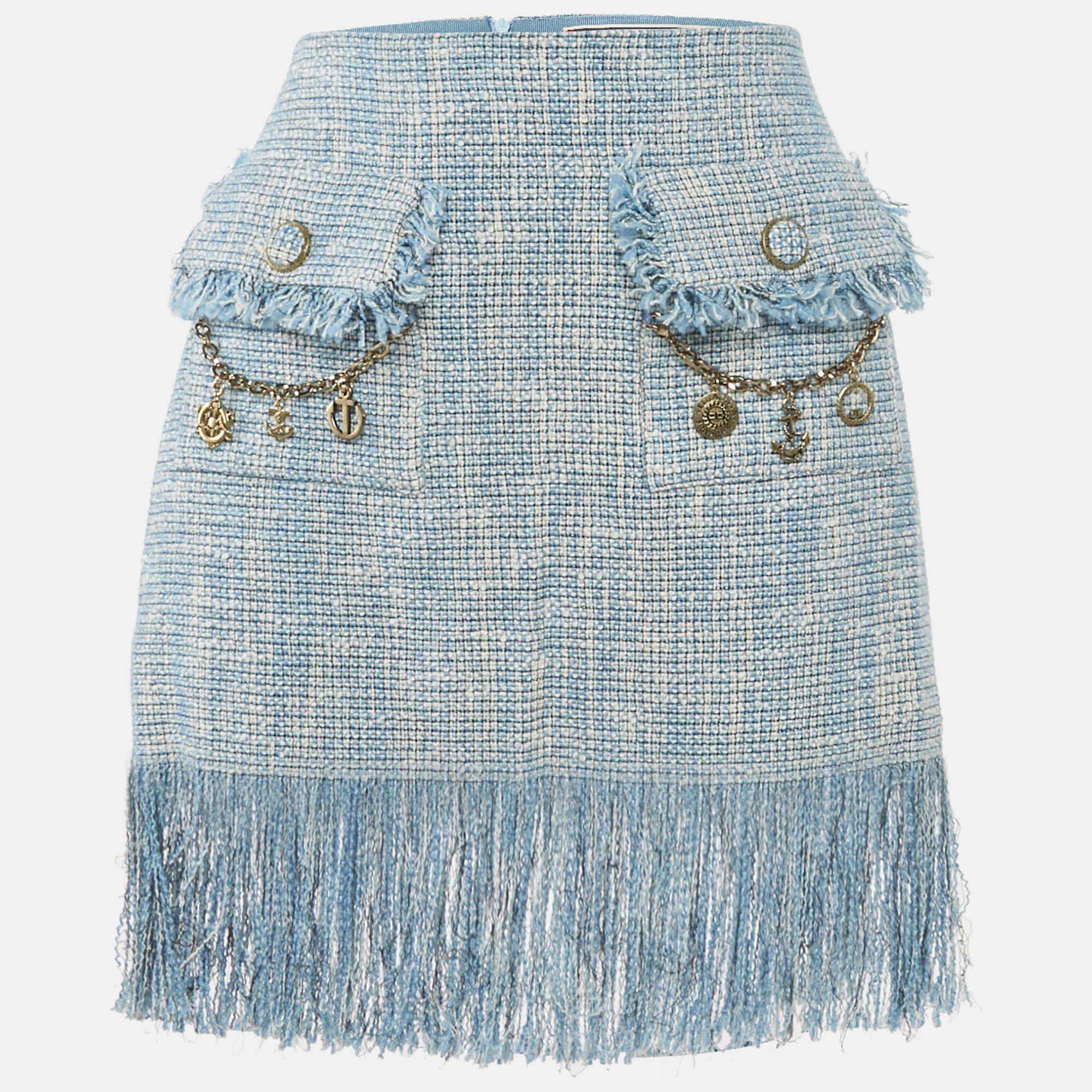 Elisabetta Franchi Blue Charm Detail Tweed Fringed Mini Skirt M, Skirts - Luxury Closet catalog
