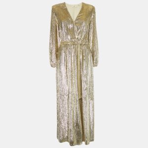 Elisabetta Franchi Gold Sequin Belted Wrap Maxi Dress M, Dresses - Luxury Closet catalog