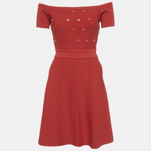 Elisabetta Franchi Red Logo Embellished Knit Mini Dress S, Dresses - Luxury Closet catalog