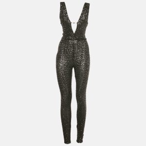 Elisabetta Franchi Black Sequins Plunge Neck Body Fitted Jumpsuit S, Suits - Luxury Closet catalog