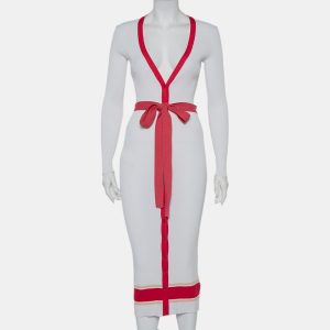 Elisabetta Franchi White Rib Knit Contrast Detail Belted Button Front Dress M, Dresses - Luxury Closet catalog
