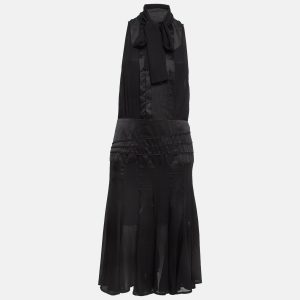 Elisabetta Franchi Black Satin Trim Chiffon Detachable Tie-Up Sleeveless Dress M, Dresses - Luxury Closet catalog
