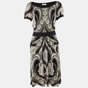 Emilio Pucci Grey/Multicolor Printed Silk Knit Knee-Length Dress L, Dresses - Luxury Closet catalog