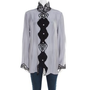 Emporio Armani Pearl Grey Silk Contrast Scalloped Lace Trim Flared Sleeve Shirt L, Shirts & Tops - Luxury Closet catalog