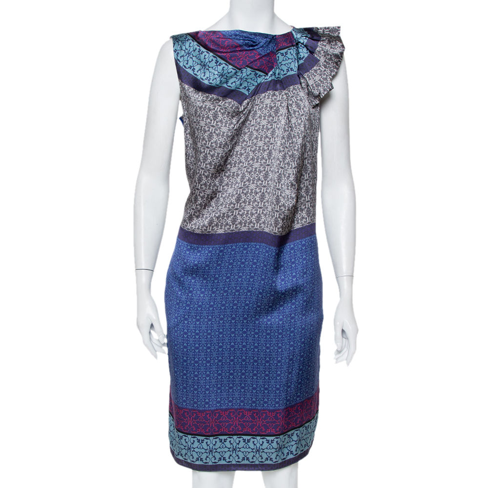 Emporio Armani Blue Printed Silk Draped Neck Detail Shift Dress M, Dresses - Luxury Closet catalog