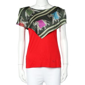 Emporio Armani Red Jersey Playful Elephant Print Silk Paneled Top S, Shirts & Tops - Luxury Closet catalog