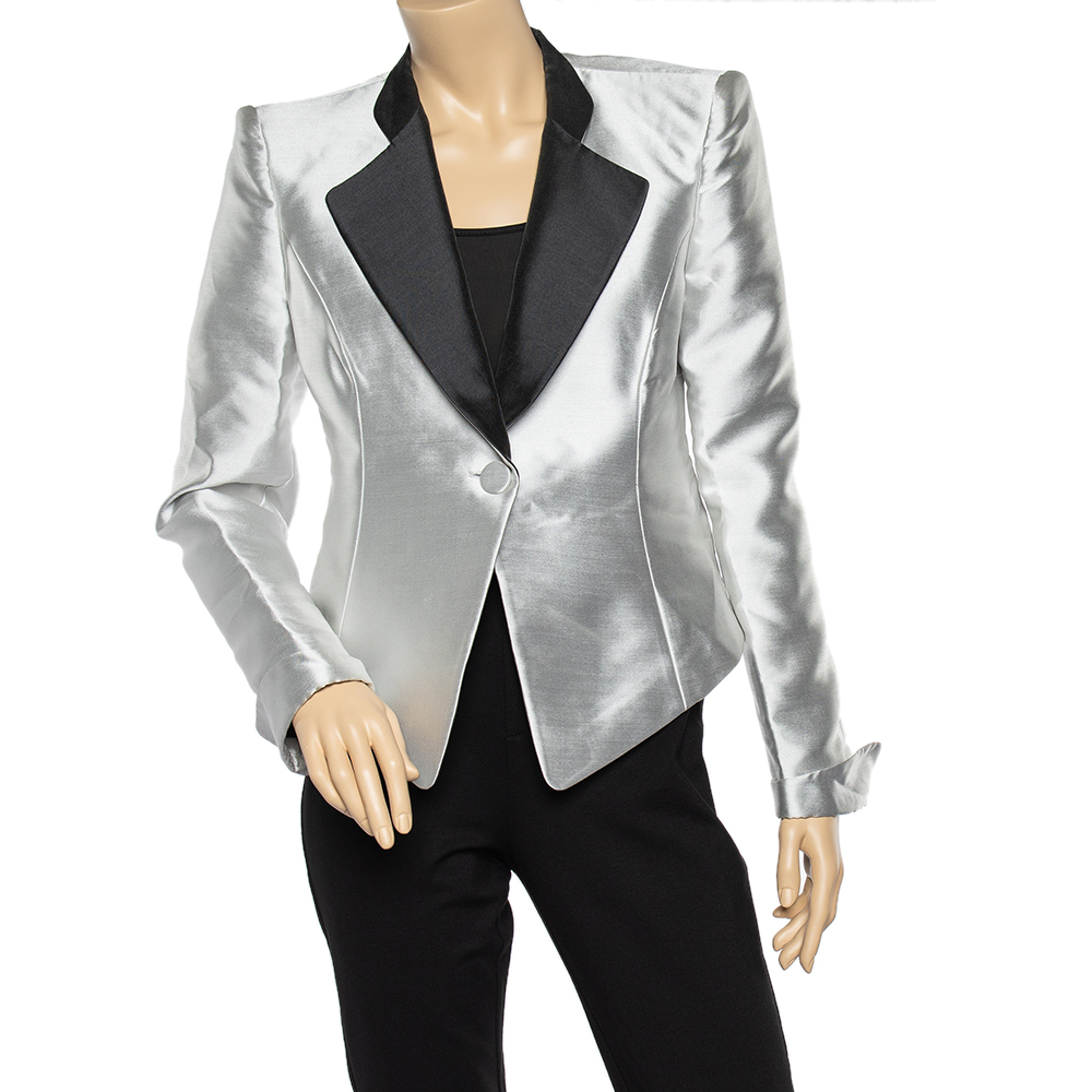 Emporio Armani Metallic Silver Synthetic Contrast Detail Cropped Blazer L, Coats & Jackets - Luxury Closet catalog