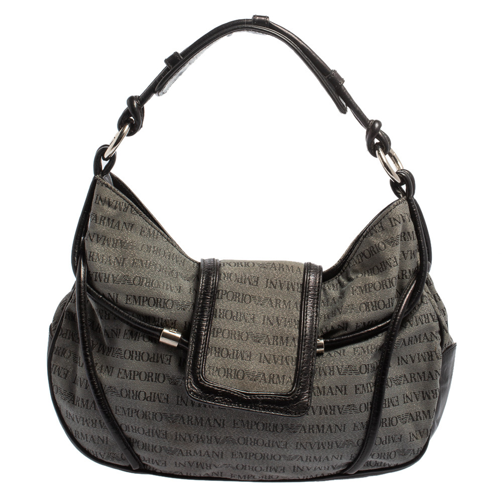 Emporio Armani Black/Grey Monogram Canvas and Leather Hobo, Shoulder Bags - Luxury Closet catalog