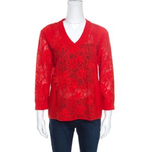 Ermanno Scervino Red Lace Paneled V Neck Sweater M, Sweaters & Cardigans - Luxury Closet catalog
