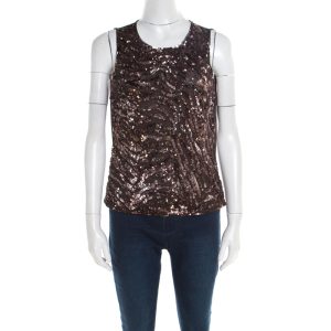 Escada Brown Sequin Embellished Nylon Mesh Sleeveless Top L, Shirts & Tops - Luxury Closet catalog