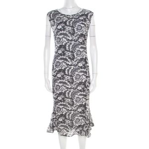 Escada Monochrome Lace Printed Silk Sleeveless Flounce Midi Dress XL, Dresses - Luxury Closet catalog
