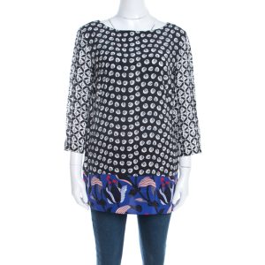Escada Black Rose Motif Print Silk Contrast Panel Narayanin Tunic Blouse M, Shirts & Tops - Luxury Closet catalog
