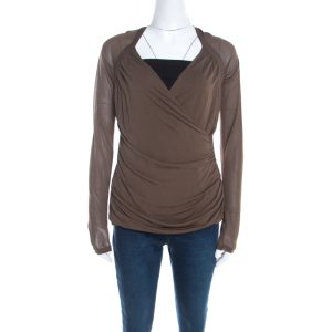 Escada Olive Green Stretch Knit Draped Faux Wrap Bodice Top M, Shirts & Tops - Luxury Closet catalog