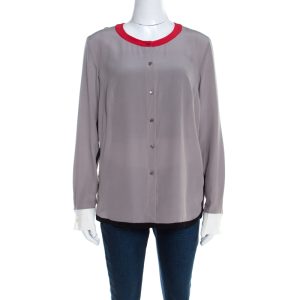 Escada Pewter Grey Silk Contrast Trim Long Sleeve Nendi Blouse M, Shirts & Tops - Luxury Closet catalog
