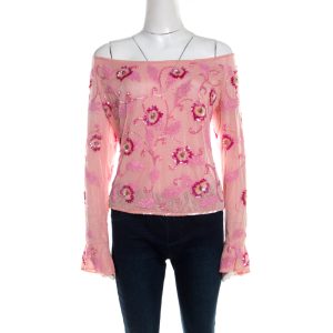 Escada Pink Tulle Overlay Floral Embellished Off Shoulder Blouse L, Shirts & Tops - Luxury Closet catalog