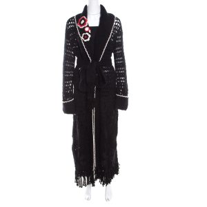 Escada Black Crochet Knit Floral Applique Scalloped Tassel Edge Long Cardigan L, Sweaters & Cardigans - Luxury Closet catalog