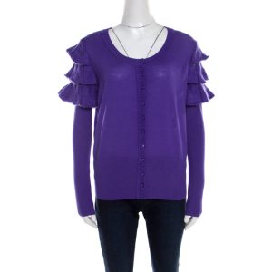 Escada Purple Mohair Wool Ruffle Tiered Detail Button Front Cardigan L, Sweaters & Cardigans - Luxury Closet catalog