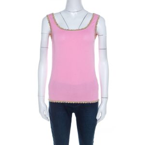Escada Baby Pink Stretch Knit Sequined Lace Trim Sleeveless Top M, Shirts & Tops - Luxury Closet catalog