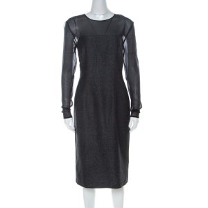 Escada Metallic Grey Wool Blend Sheer Yoke Dariello Pencil Dress M, Dresses - Luxury Closet catalog