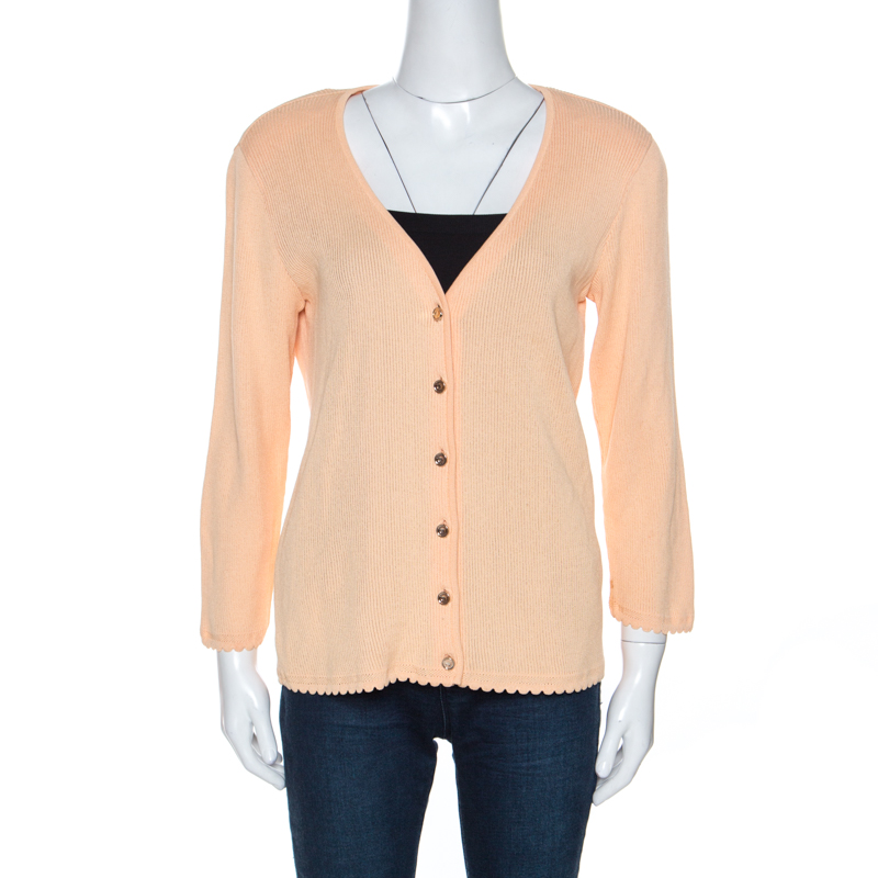 Escada Peach Rib Knit Padded Shoulder Button Front Cardigan M, Sweaters & Cardigans - Luxury Closet catalog