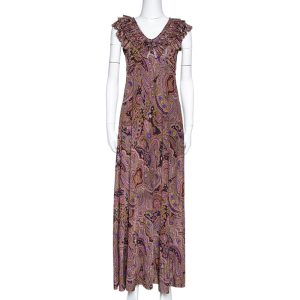 Etro Olive Green Paisley Print Stretch Jersey Ruffled Maxi Dress S, Dresses - Luxury Closet catalog