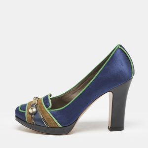 Etro Blue/Green Satin Zip Embellished Block Heel Pumps Size 38, Pumps - Luxury Closet catalog