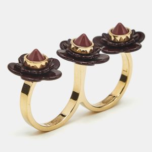 Fendi Blossom Black Resin & Gold Tone Flower Two Finger Ring L, Jewelry - Luxury Closet catalog