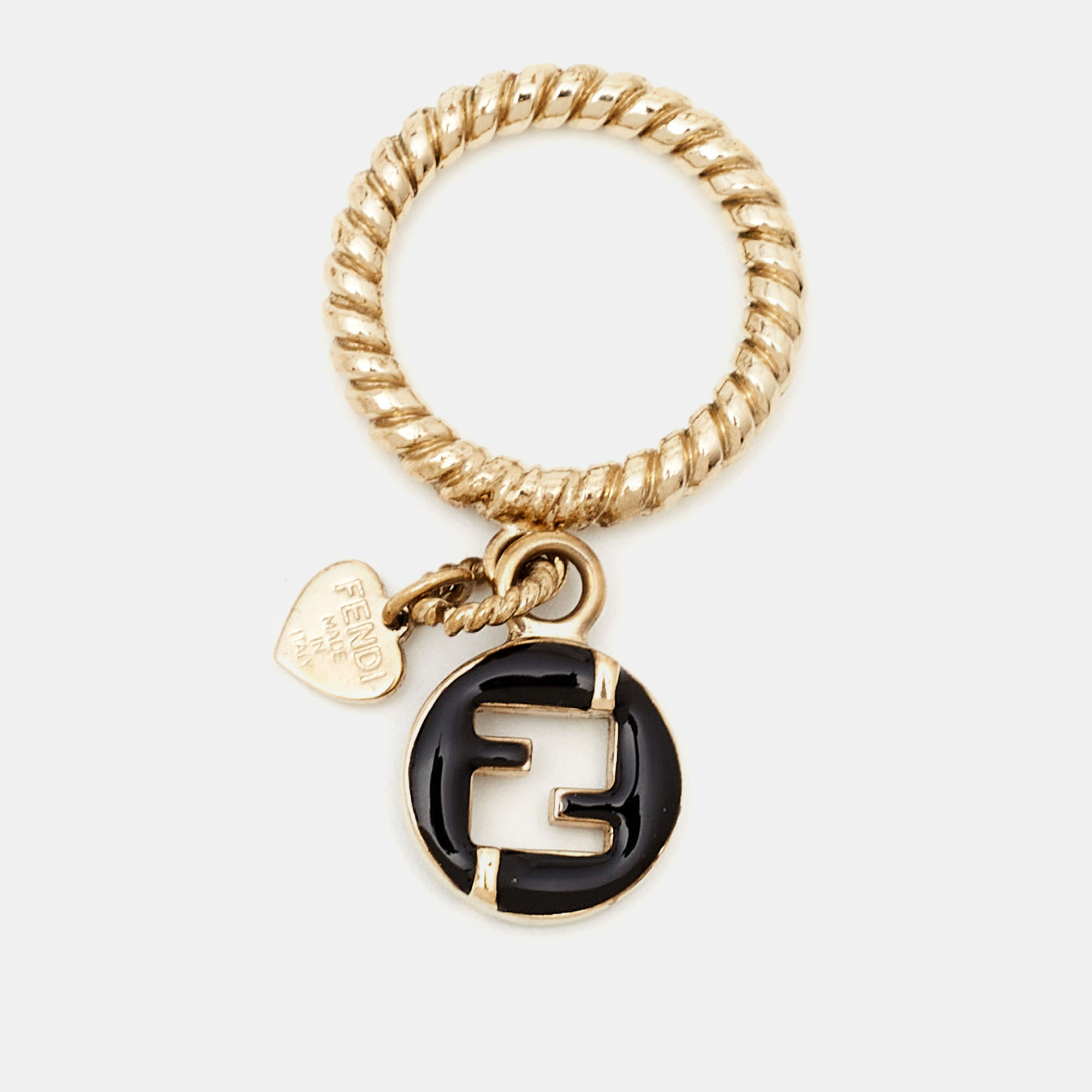 Fendi FF Black Enamel Charm Gold Tone Ring Size 56, Jewelry - Luxury Closet catalog
