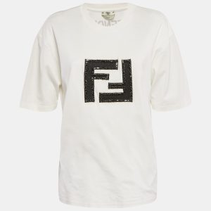 Fendi White Logo Embellished Cotton Crew Neck T-Shirt M, Shirts & Tops - Luxury Closet catalog