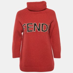 Fendi Red Logo Intarsia Wool Knit Turtle Neck Sweater M, Sweaters & Cardigans - Luxury Closet catalog