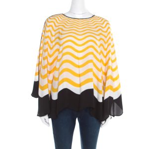 Fendi Yellow and Off White Wave Printed Silk Contrast Bow Trim Detail Kaftan Top M, Shirts & Tops - Luxury Closet catalog