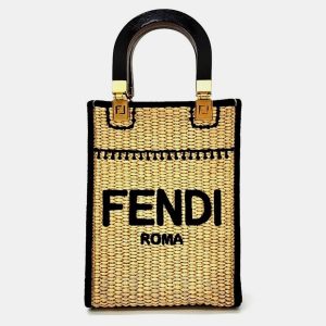 Fendi Black & Neutrals Raffia Mini Raffia Sunshine Shopper Bucket Bag, Handbags - Luxury Closet catalog