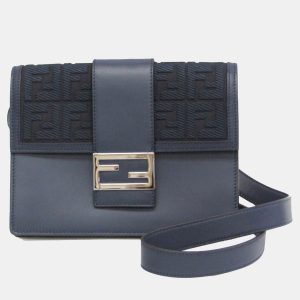 Fendi Navy Leather Canvas Flat Baguette Medium Shoulder Bag, Shoulder Bags - Luxury Closet catalog