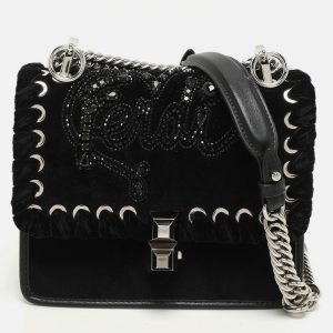 Fendi Black Velvet and Leather Small Kan I Logo Embellished Top Handle Bag, Satchels - Luxury Closet catalog
