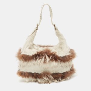 Fendi White/Brown Selleria Leather and Rabbit Fur Zip Hobo, Shoulder Bags - Luxury Closet catalog