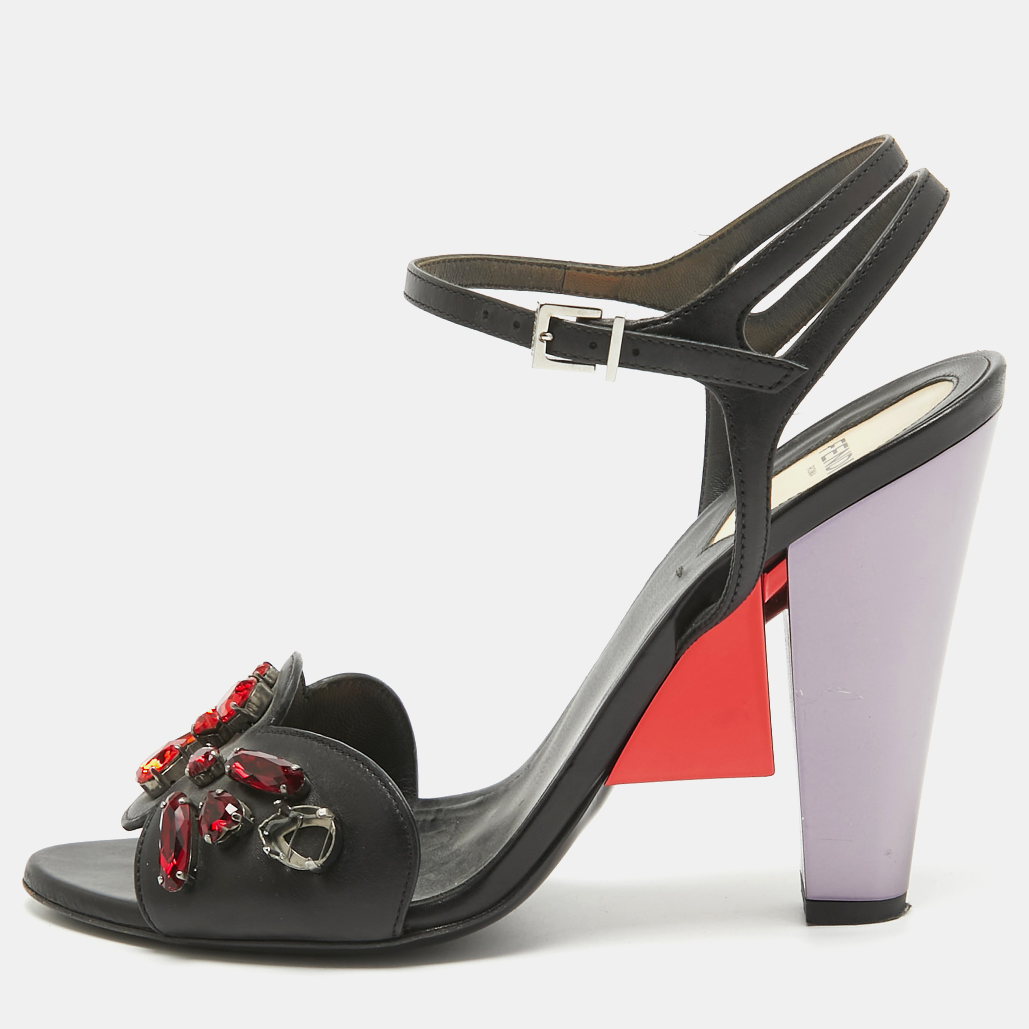 Fendi Black Leather Ankle Strap Crystal Embellished Ankle Strap Sandals Size 38, Sandals - Luxury Closet catalog