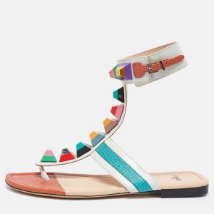 Fendi Multicolor Leather Studded Thong Flat Sandals Size 37, Sandals - Luxury Closet catalog
