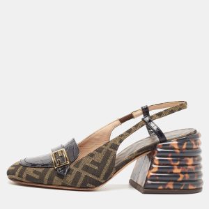 Fendi Tobacco/Black Croc Embossed Leather and Canvas Promenade FF Motif Slingback Sandals Size 38, Sandals - Luxury Closet catalog