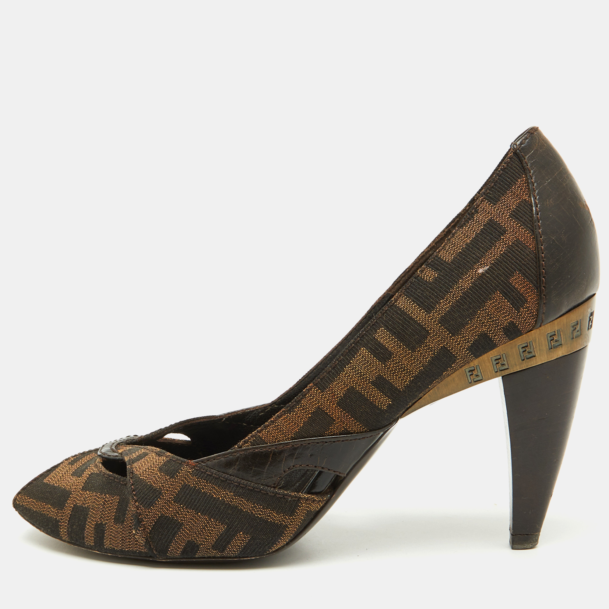 Fendi Tobacco Zucca Canvas and Leather Peep Toe Pumps Size 38, Pumps - Luxury Closet catalog