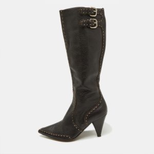 Fendi Dark Brown Leather Buckle Detail Knee Length Boots Size 37, Boots - Luxury Closet catalog