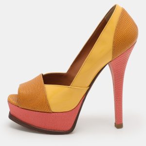 Fendi Tri Color Fendista Colorblock Lizard-Embossed Leather Peep Toe Platform Pumps Size 36, Pumps - Luxury Closet catalog