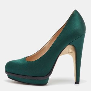 Fendi Dark Green Satin Bridge Heel Platform Pumps Size 38, Pumps - Luxury Closet catalog