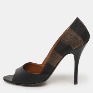 Fendi Black/Brown Leather and Striped Canvas Pequin Peep Toe Pumps Size 36, Pumps - Luxury Closet catalog