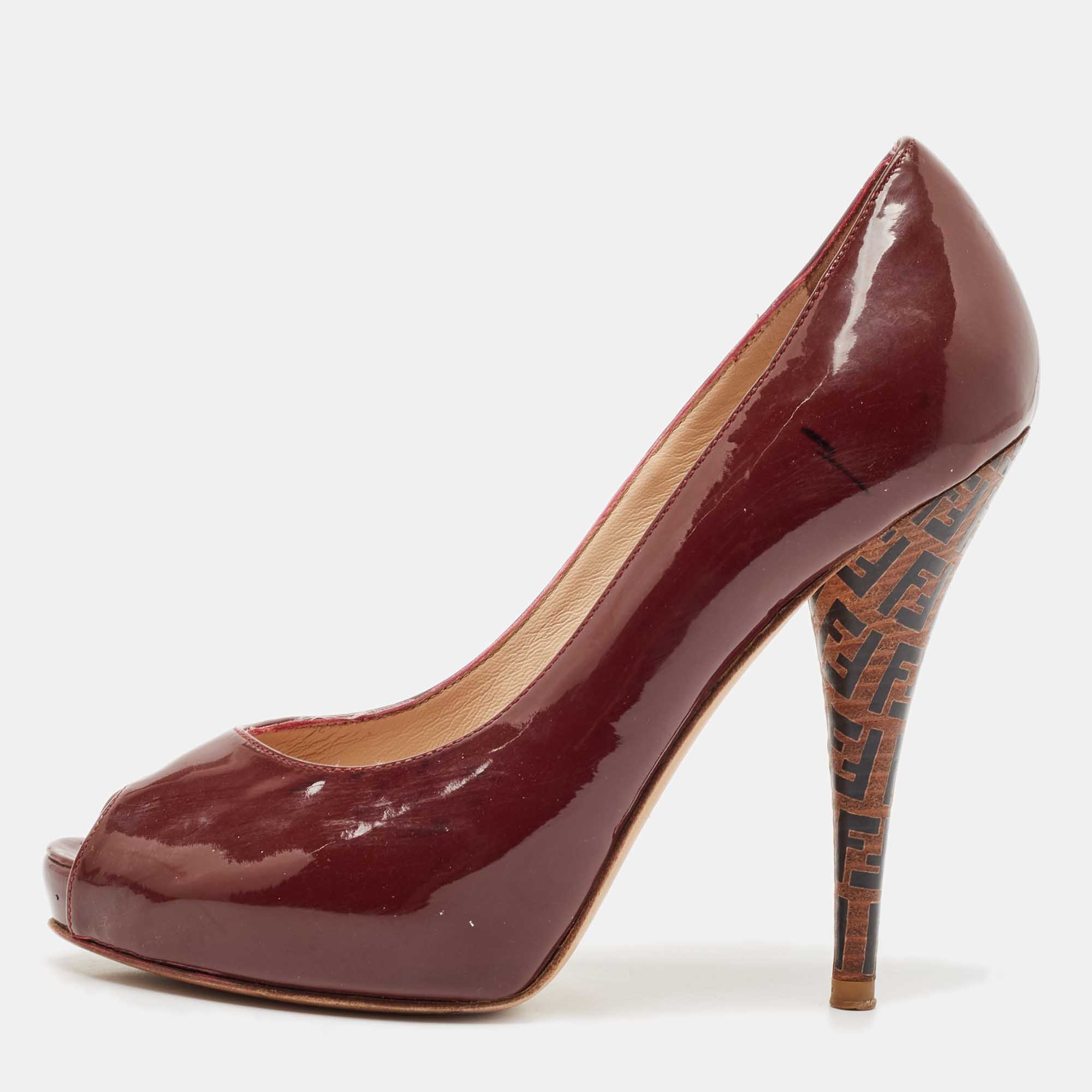 Fendi Burgundy Patent Leather Peep Toe Platform Pumps Size 35, Pumps - Luxury Closet catalog
