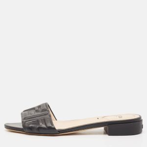 Fendi Black FF Embossed Leather Slide Sandals Size 38.5, Sandals - Luxury Closet catalog