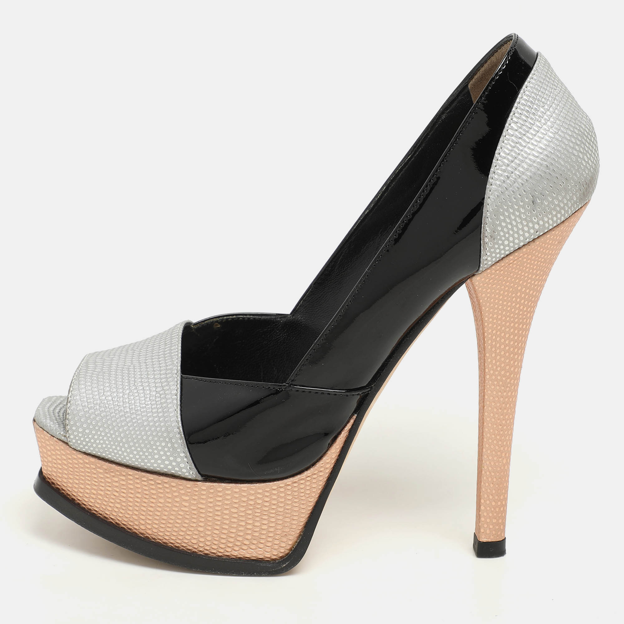 Fendi Black Lizard Embossed Leather and Patent Leather Fendista Platform Pumps Size 37.5, Pumps - Luxury Closet catalog