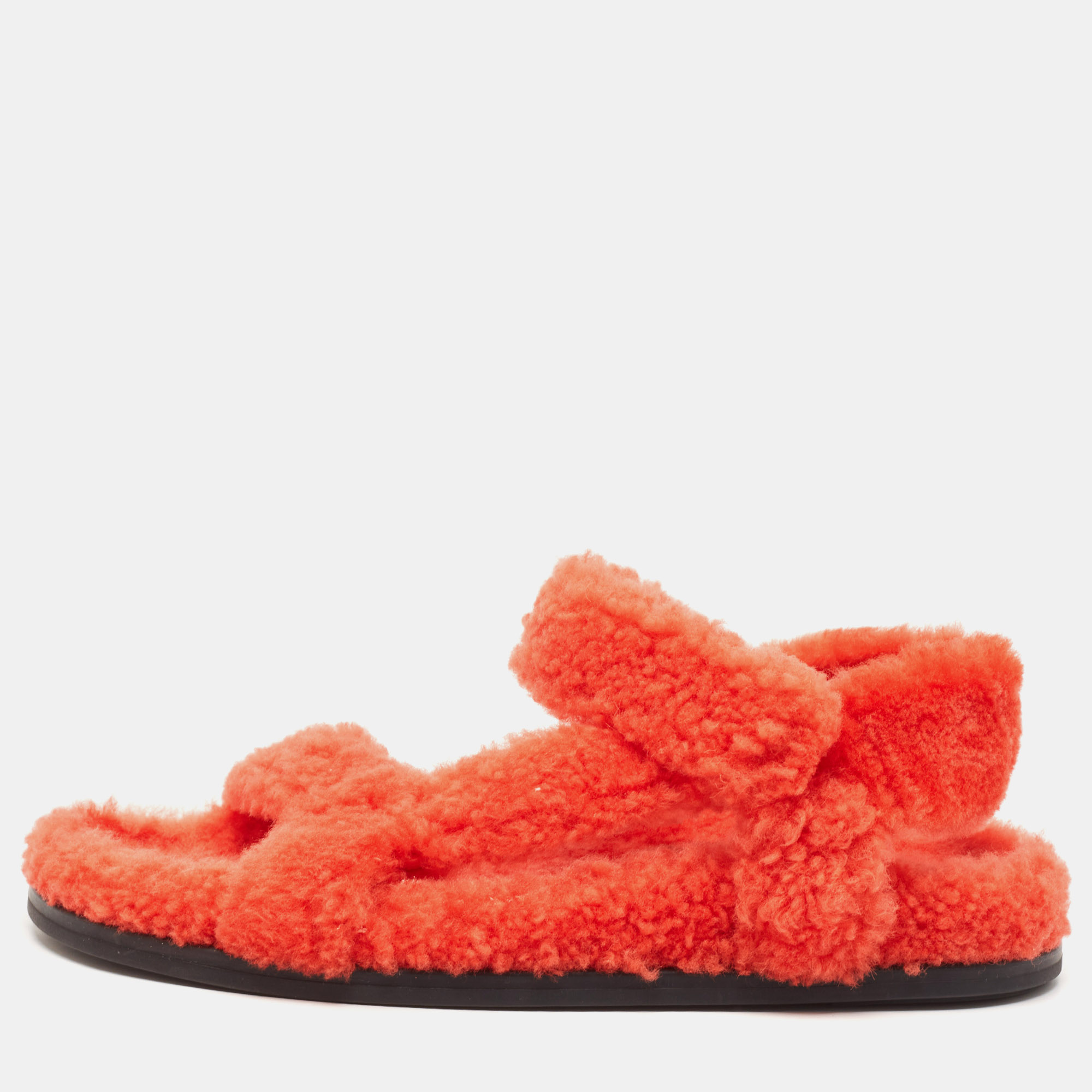 Fendi Red Shearling Fur Ankle Strap Flat Sandals Size 37.5, Sandals - Luxury Closet catalog